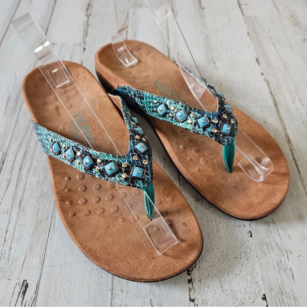 VIONIC Floriana Teal Snake Jeweled Thong Sandal Size 8 summer maximalist